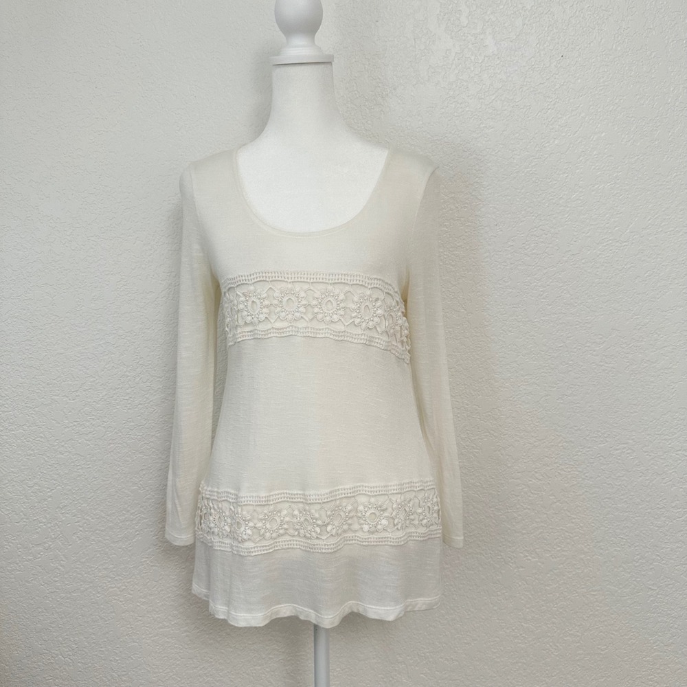 American Rag Cie Long Sleeve Top Women S Cream Floral Crochet Lace Boho